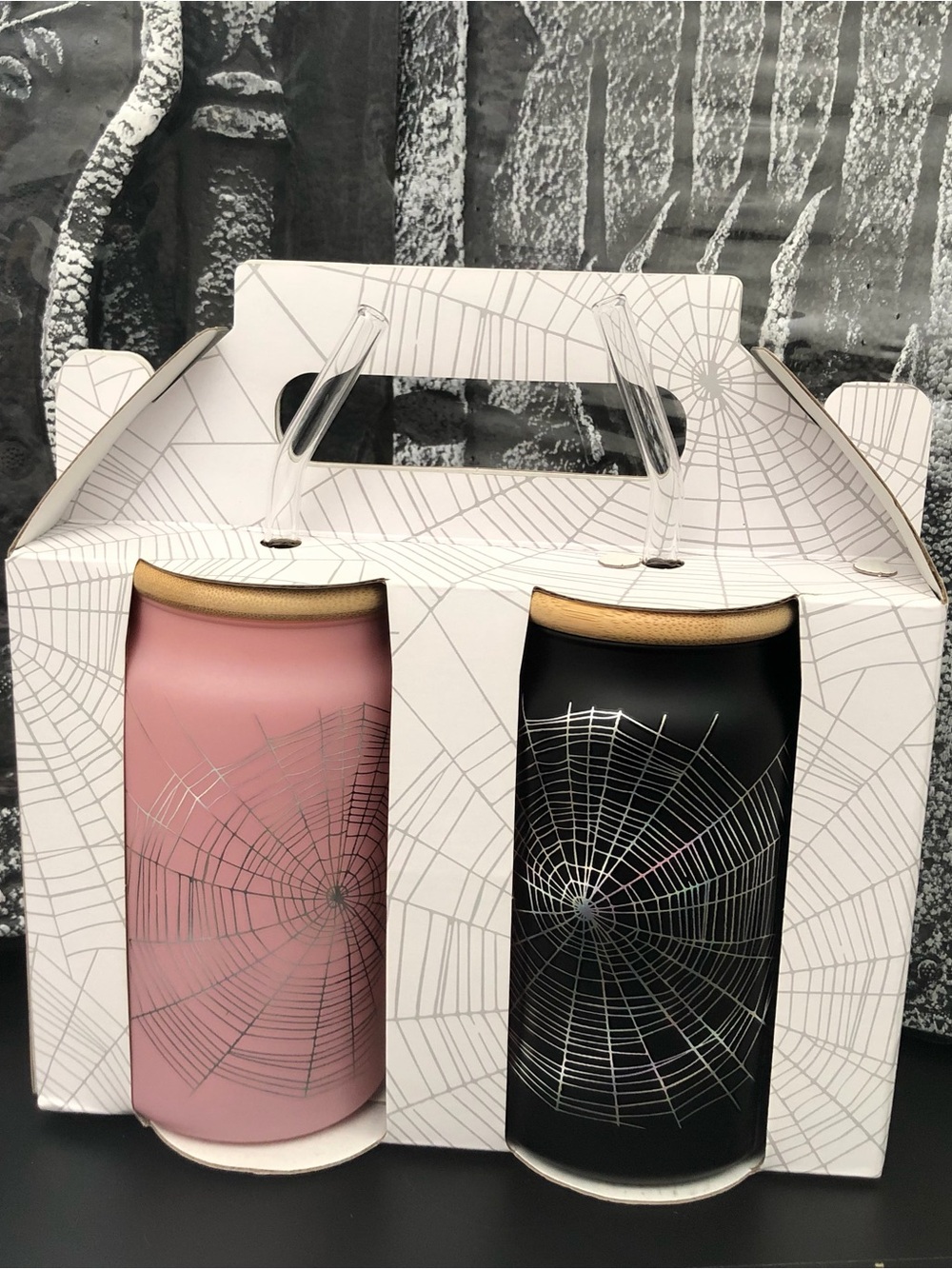GLASS TUMBLER SET OF 2 PINK AND BLACK SEASONAL DESIGN 16.9 OZ
